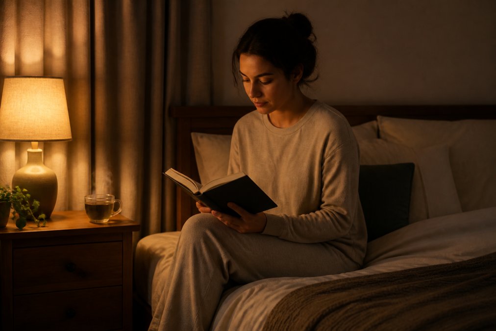 A person in comfortable clothing sitting on the edge of a bed in a calm, dimly lit bedroom, reading a book by warm lamplight, with a cup of herbal tea on the bedside table and curtains drawn against the evening light