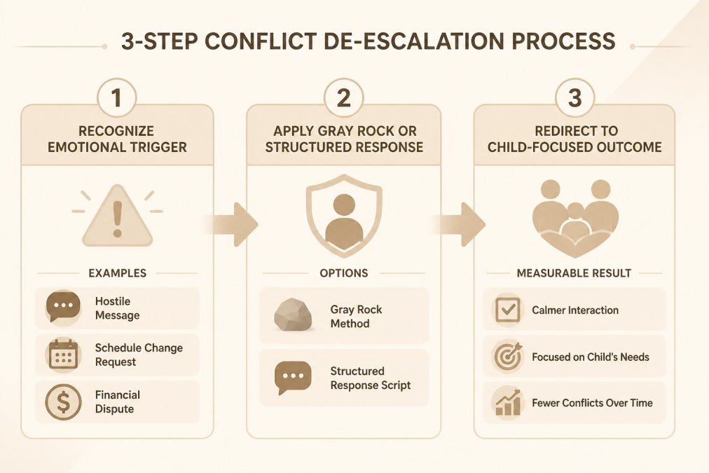 Flowchart showing the 3-step conflict de-escalation process: (1) Recognize emotional trigger with examples (hostile message, schedule change request, financial dispute), (2) Apply Gray Rock or structured response script, (3) Redirect to child-focused outcome with measurable result