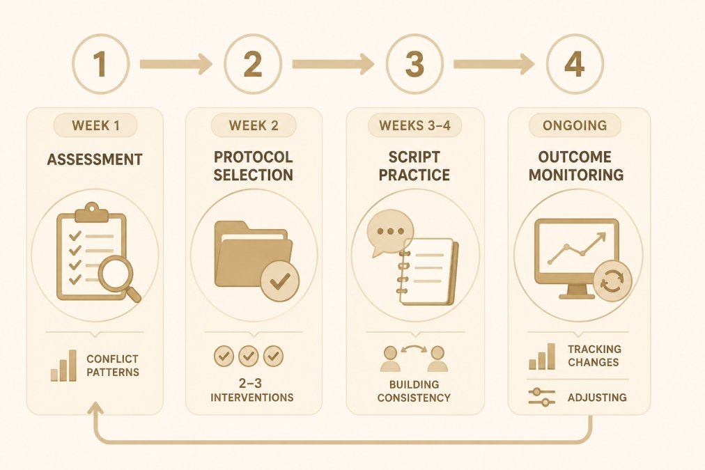Visual representation of the 4-step implementation process with timeline: Assessment (Week 1) documenting conflict patterns, Protocol Selection (Week 2) choosing 2-3 interventions, Script Practice (Weeks 3-4) building consistency, Outcome Monitoring (Ongoing) tracking behavioral changes and adjusting