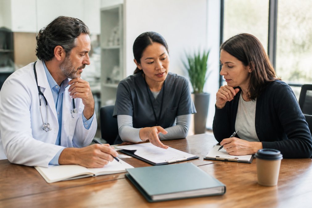 A diverse group of healthcare professionals (psychiatrist, therapist, counselor) collaborating around a desk reviewing treatment plans and notes in a modern clinical setting