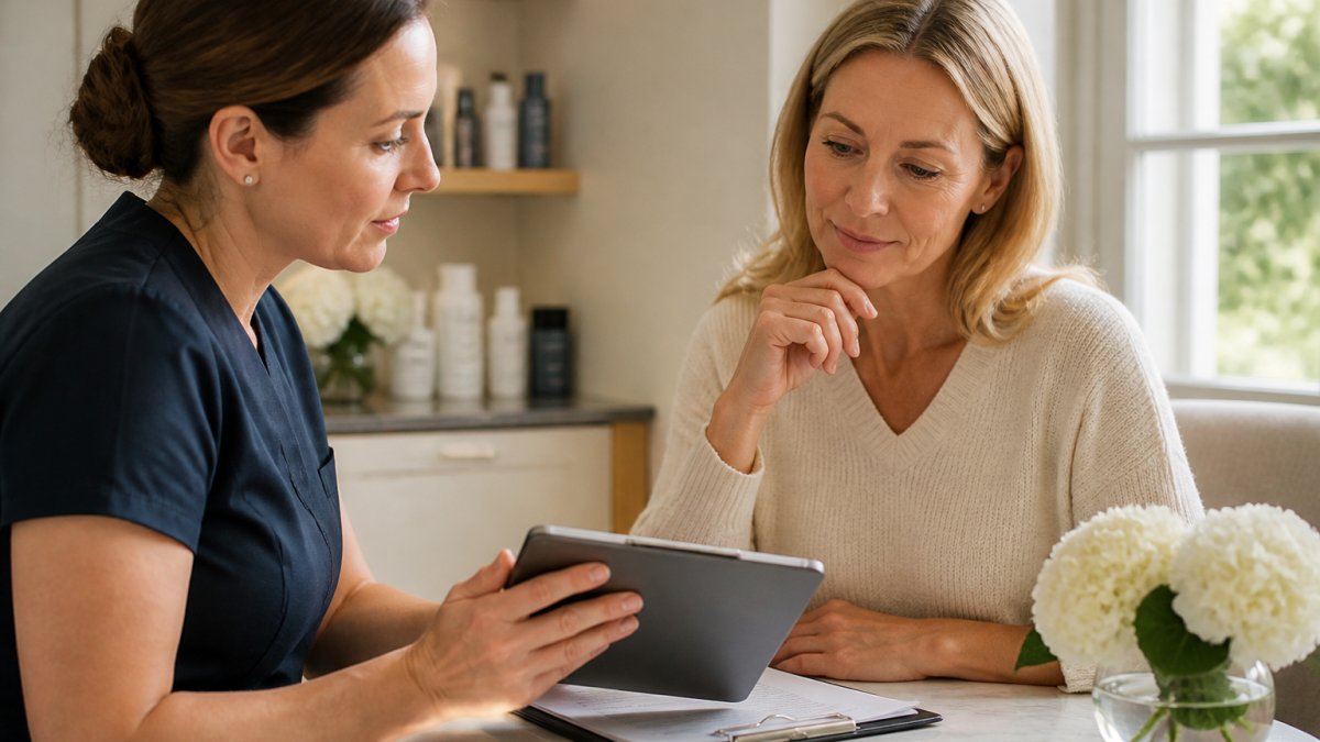 Woman in her forties reviewing a personalized skin rejuvenation treatment plan with a practitioner on a tablet