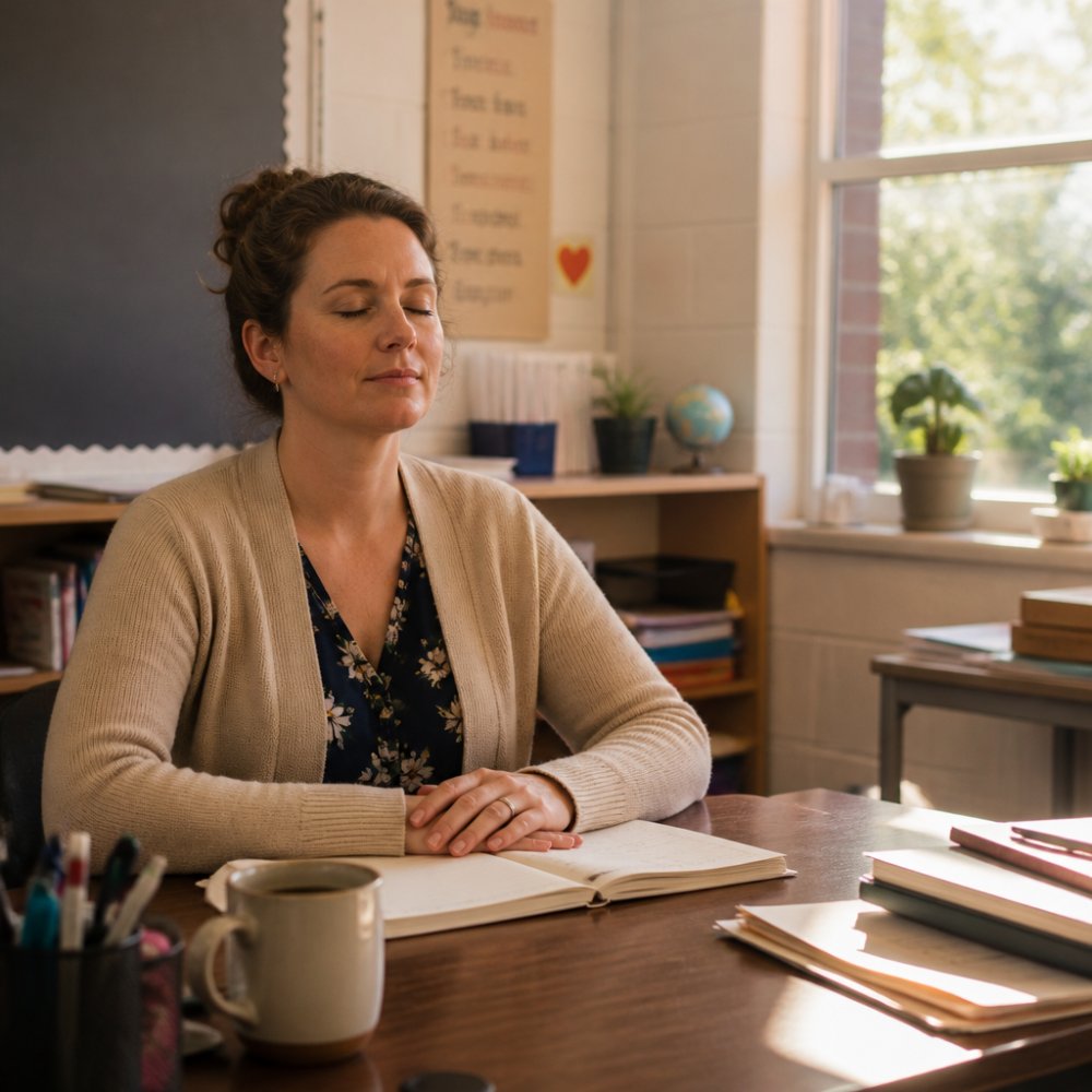A teacher sitting at a classroom desk during a quiet moment, eyes closed and hands resting on an open journal, with soft afternoon light coming through the window