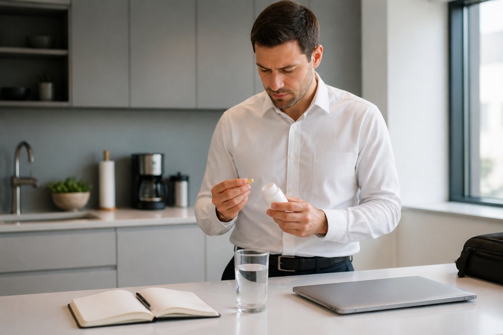 A professional in a modern office kitchen filling a glass with water and taking a supplement capsule from a small container, laptop and notebook on the counter nearby, natural morning light