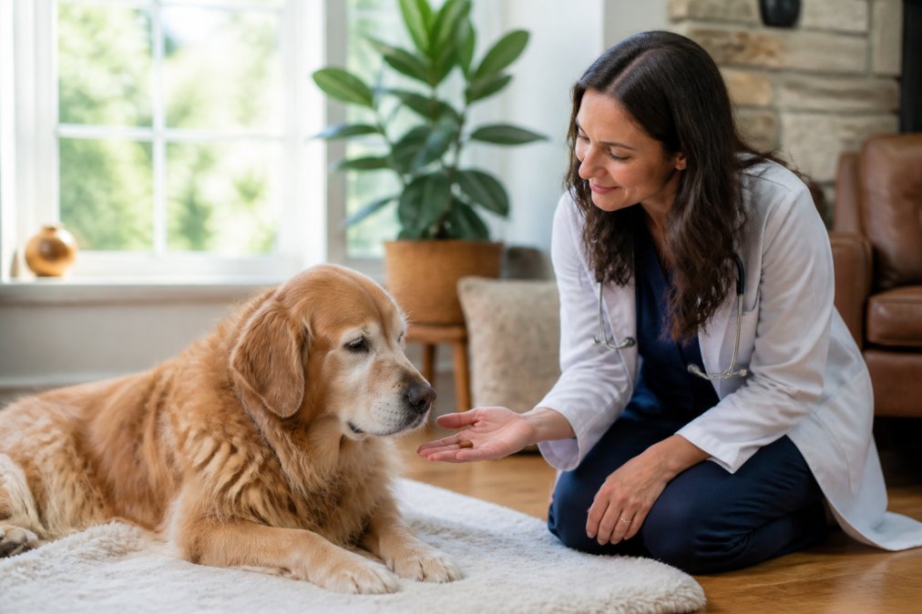 Veterinarian offering evidence based supplements for senior pets to a golden retriever resting on a rug.