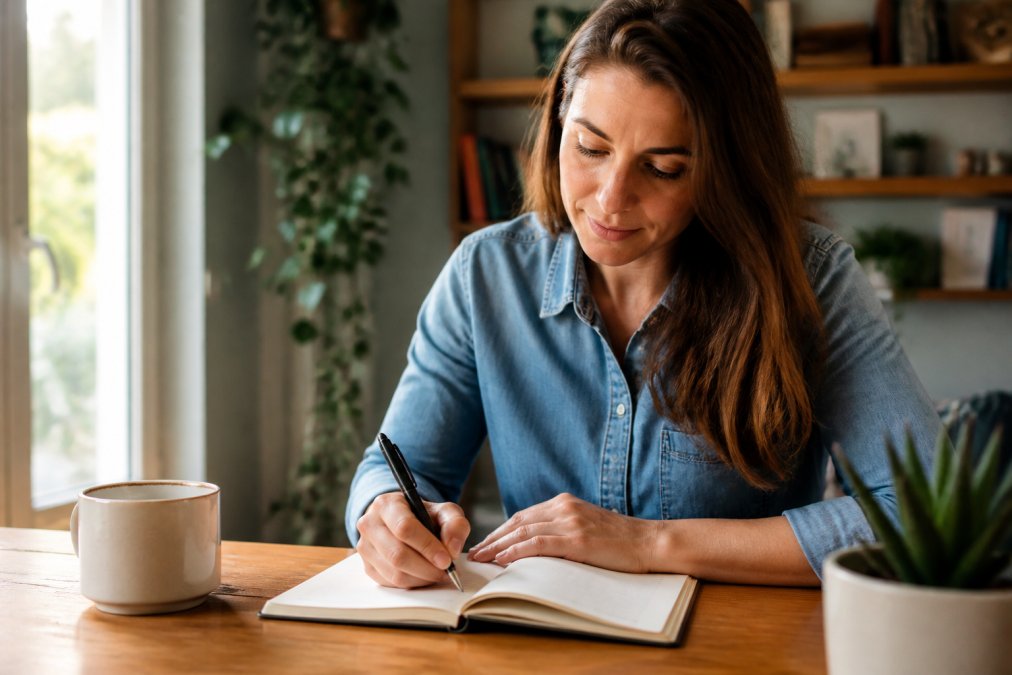 Person writing in a journal at a desk with natural light, coffee nearby, focused and calm expression while reflecting on progress and accomplishments