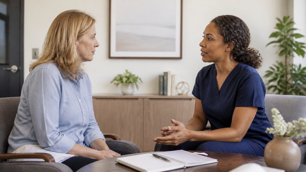 A psychiatric nurse practitioner speaking with a middle-aged patient in a bright, comfortable clinic office, both seated and engaged in conversation, notepad on the table