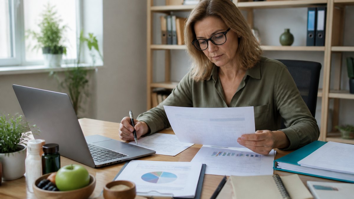 Professional reviewing wellness plan cost proposals and financial documents at a modern office desk