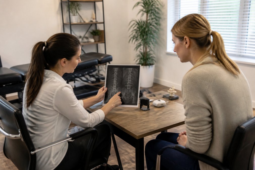 A chiropractor in a bright, calm treatment room explaining a spinal assessment to a seated adult patient, with a scan printout on the desk between them