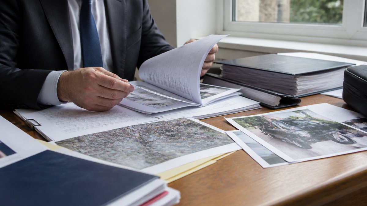 Professional reviewing detailed accident investigation documents and evidence files at organised workspace with natural lighting