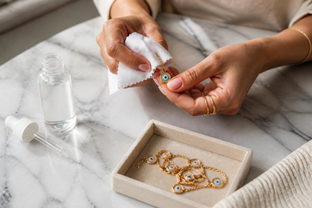 Woman's hands gently cleaning gold-plated evil eye jewelry with a soft microfiber cloth and jewelry cleaner solution on a marble surface in natural window lighting