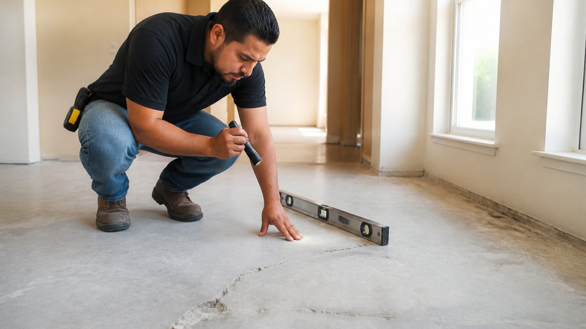 Professional inspector examining concrete subfloor with measurement tools, identifying cracks and uneven surfaces in a residential space with natural lighting from windows