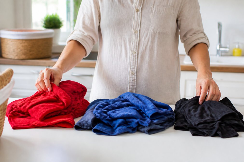 Handen die kleurrijke kledingstukken in verschillende stapels op een wit oppervlak sorteren, waarbij rode, blauwe en zwarte kledingstukken duidelijk te zien zijn, in een lichte keuken met natuurlijk licht