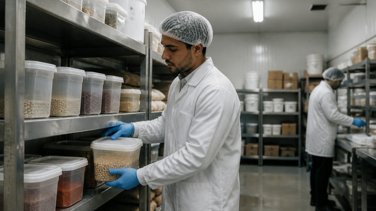 Personnel en tenue professionnelle organisant des contenants hermétiques étiquetés de matières premières halal et non halal dans une zone de stockage séparée, avec éclairage professionnel et signalisation claire