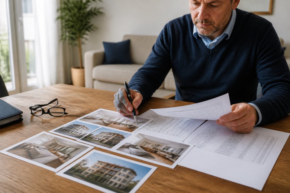 Propriétaire consultant des documents d'estimation immobilière, comparables de prix de vente et photos du bien étalées sur un bureau en bois, avec des lunettes de lecture et un stylo à la main, dans un salon lumineux