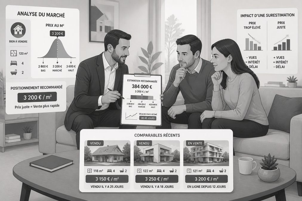 Agent immobilier professionnel en discussion avec un couple de propriétaires dans leur salon, montrant des documents d'estimation et expliquant l'analyse du marché, avec des comparables affichés sur la table basse