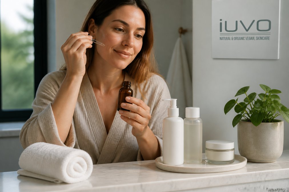 A woman in a softly lit bathroom applying facial oil from a small amber glass bottle, with a cotton towel and a few skincare products arranged on a marble shelf