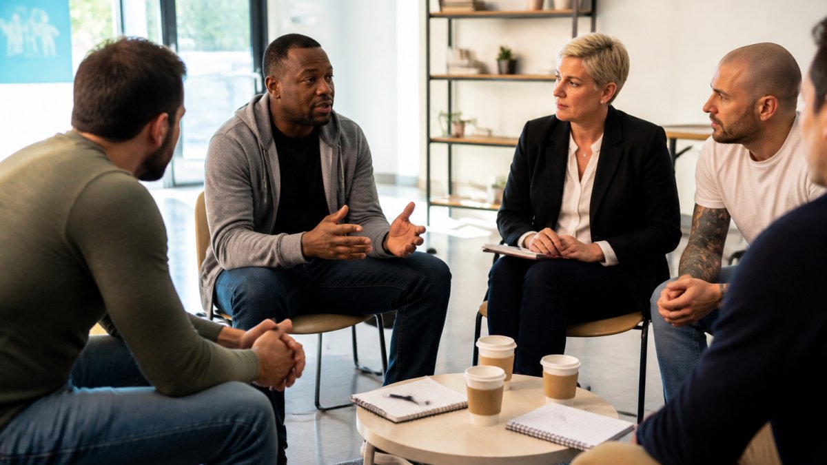 A small group of adults seated in a circle in a bright community room, one person speaking while others listen, notebooks and coffee cups on a low table