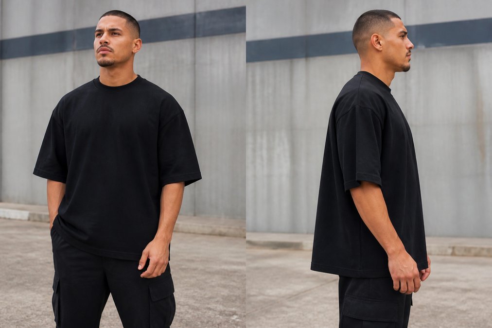 Person wearing oversized black heavyweight streetwear tee with dropped shoulders and boxy cut, standing in natural daylight showing the relaxed fit from front and side angles