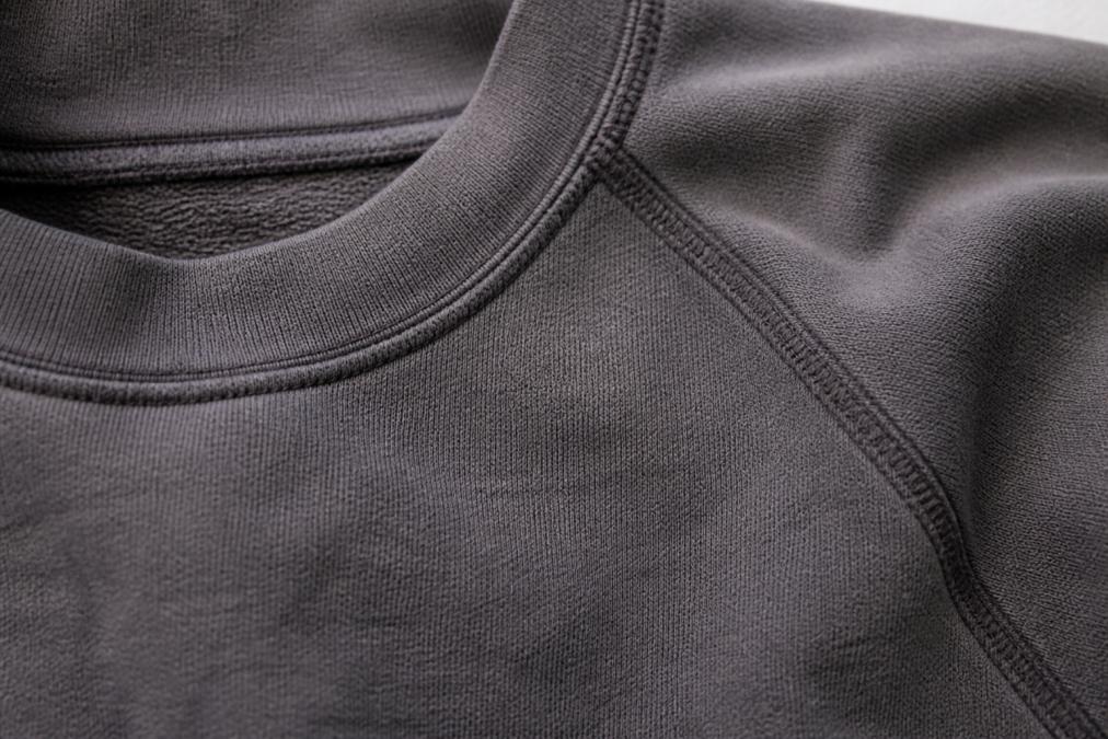 Close-up detail of 16.5 oz French terry weave texture showing fabric density, single-needle topstitching at neckline, and raglan sleeve construction with reinforced stitching