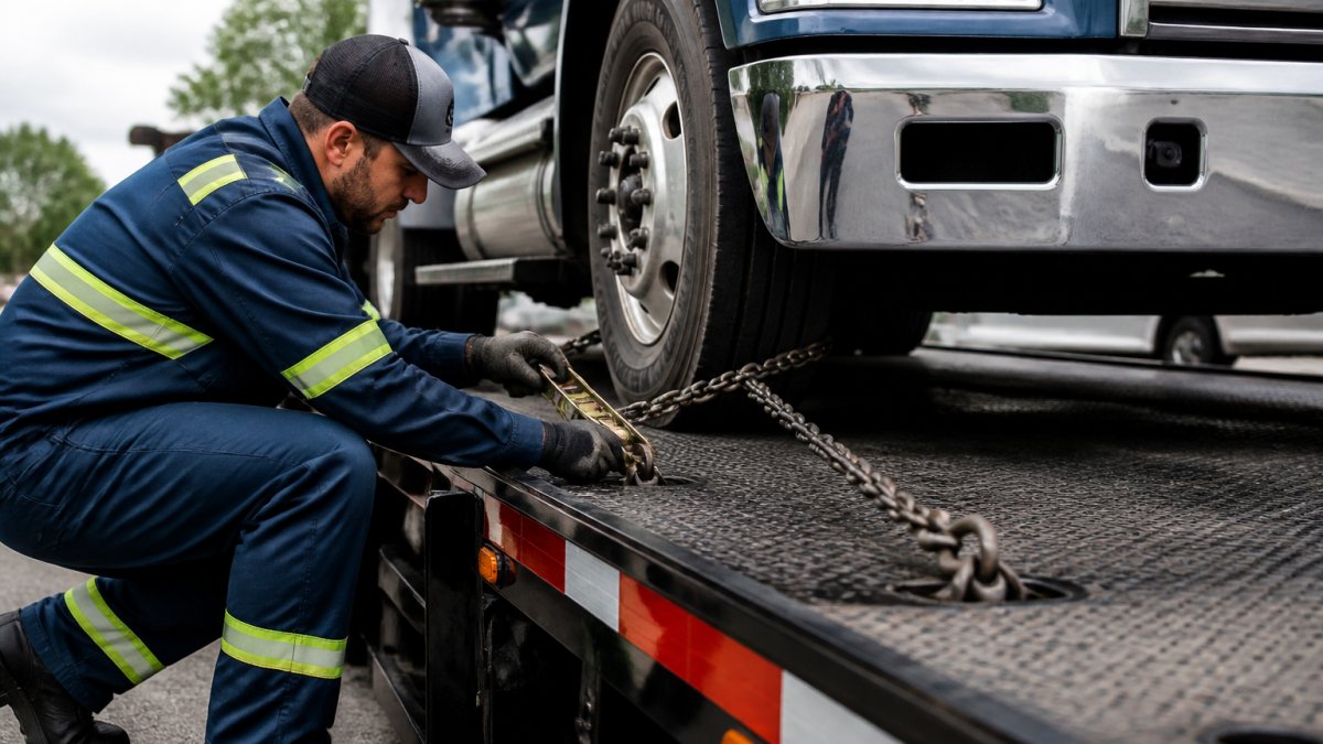 Professional tow operator securing a heavy-duty truck onto a state-of-the-art flatbed using proper rigging technique and equipment, demonstrating certified expertise