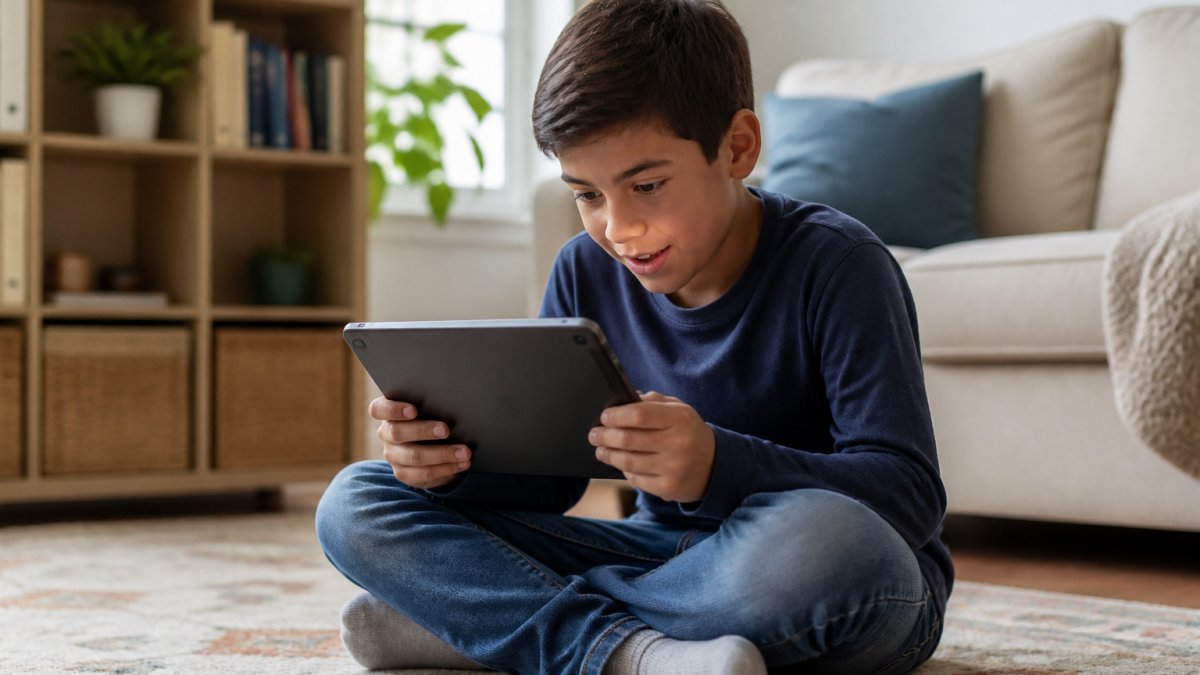Child reading an engaging story on a tablet while sitting cross-legged, with an imaginative expression showing genuine interest and focus on the screen