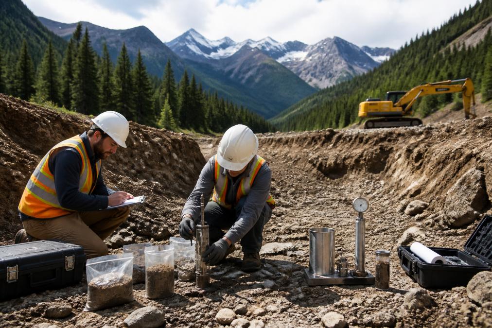 Construction crew conducting soil testing on an excavation site with equipment, soil samples, and geotechnical instruments visible, demonstrating site assessment in action