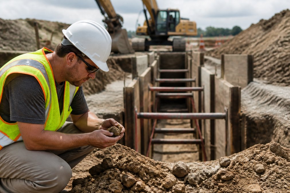 Competent person examining soil samples at excavation site, holding soil in hand to assess classification, with trenching equipment and shoring systems visible in background under natural daylight