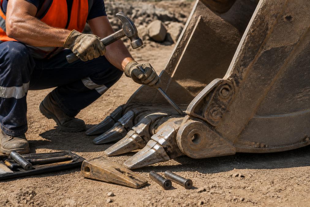 Step-by-step visual guide for bucket and worker and high-visibility concepts for bucket teeth replacement