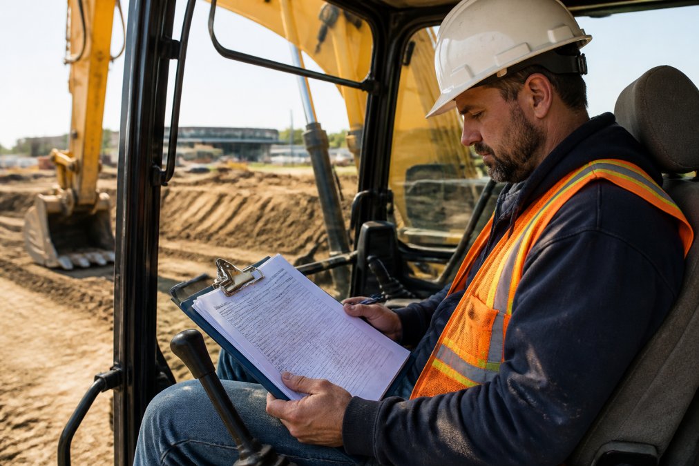 Professional equipment operator in excavator cab reviewing maintenance records on clipboard with service documentation visible, natural sunlight through cab window