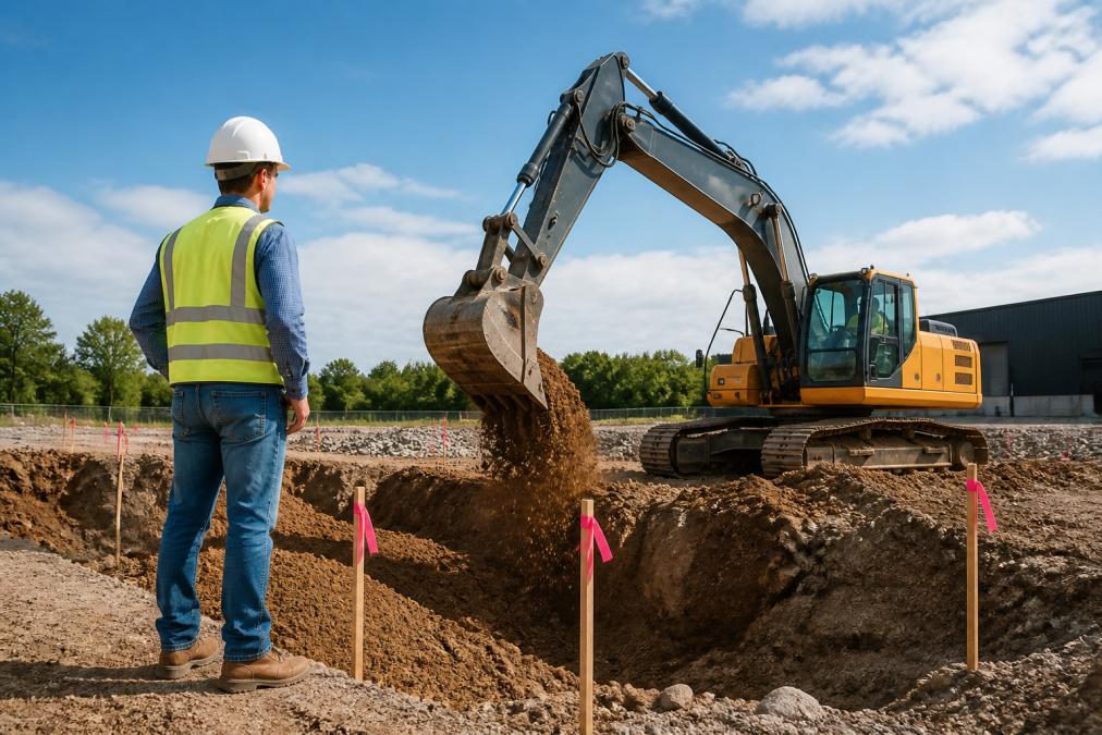 A project manager in a white hard hat observing a new excavator digging a foundation trench on a sunny construction site, with survey stakes in the foreground