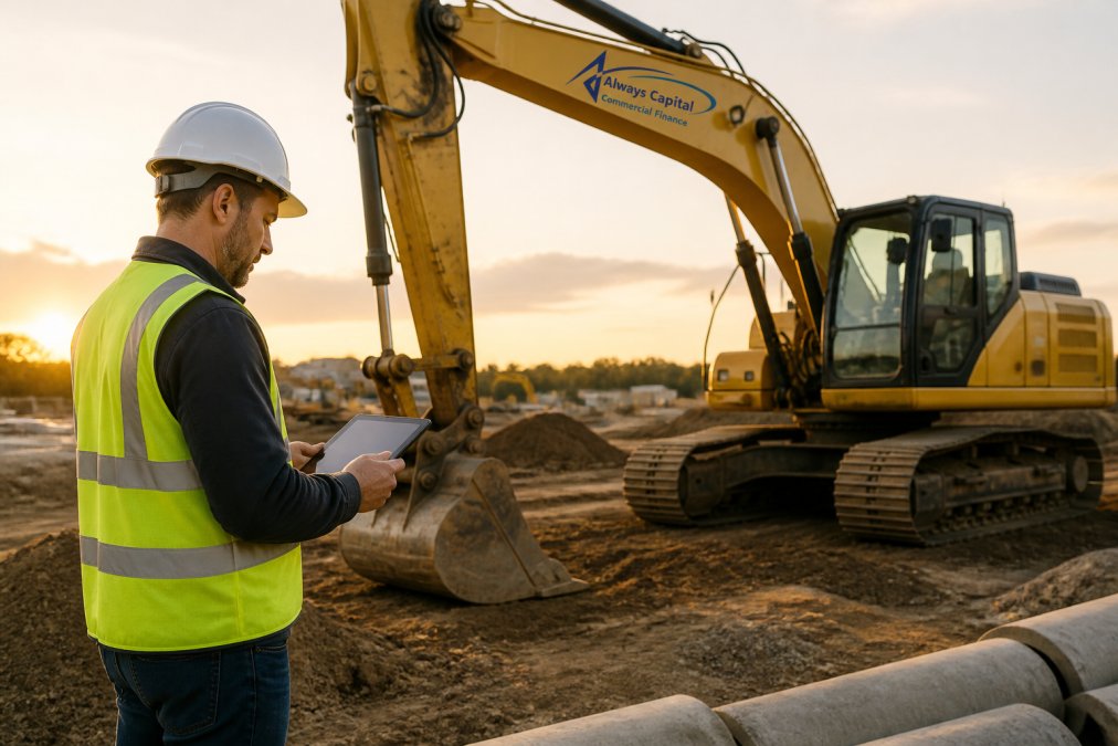 A business owner in a hard hat reviewing a financing agreement on a tablet while standing next to a new excavator on an active job site in late afternoon light