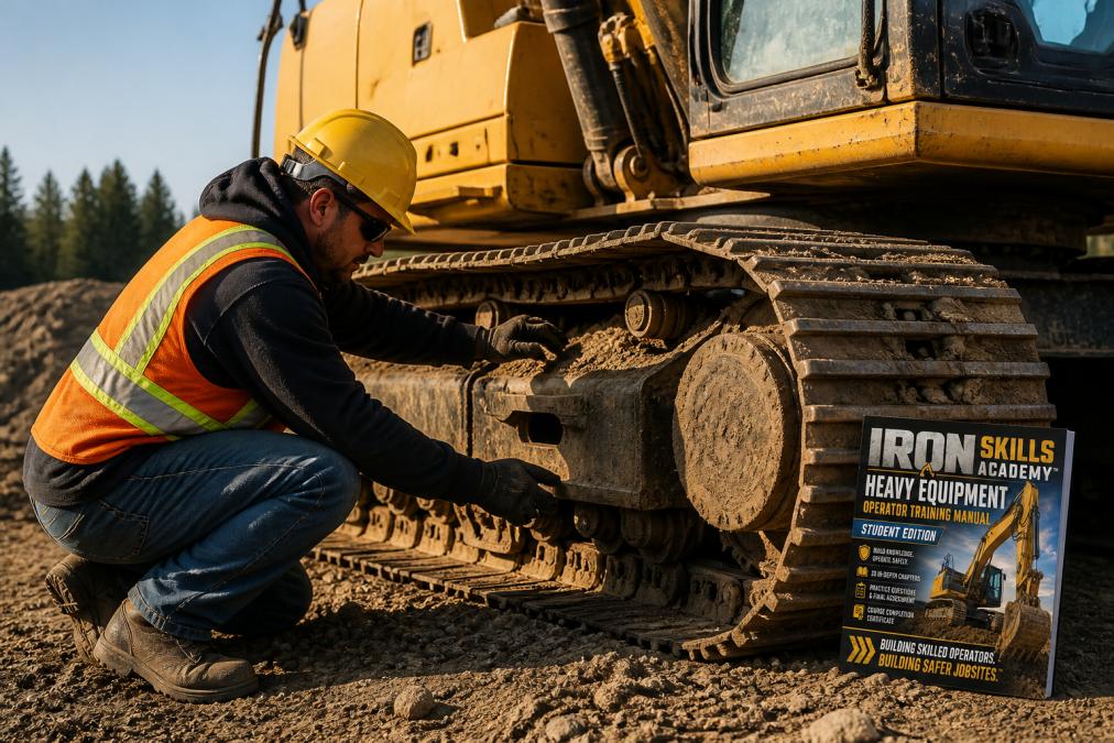 An operator crouching beside an excavator, hands checking track tension and examining undercarriage components in morning sunlight at a construction site, with safety vest and hard hat visible