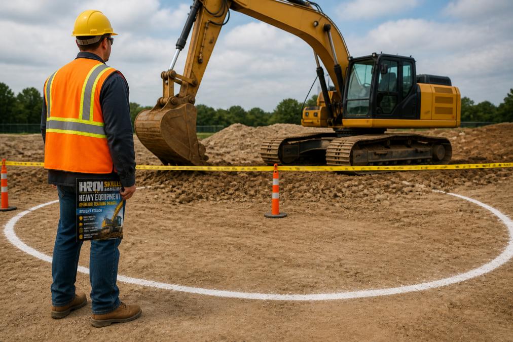 A construction worker in full personal protective equipment standing at a marked safe distance from an excavator, with visible swing radius markers on the ground and bright yellow safety tape demarcating the hazard zone