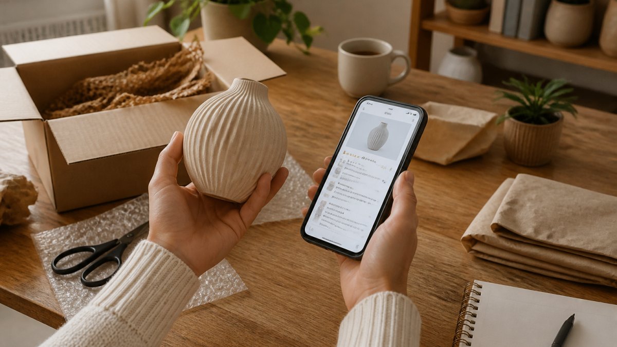 Hands holding a home decor item while reviewing product details and customer reviews on a smartphone screen