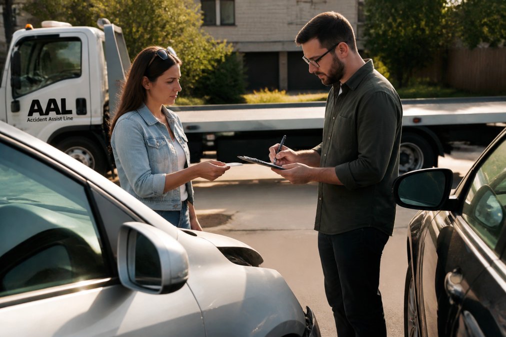 Two drivers standing between their vehicles at a roadside, exchanging insurance cards and driver's licences, one writing notes on a clipboard in afternoon sunlight