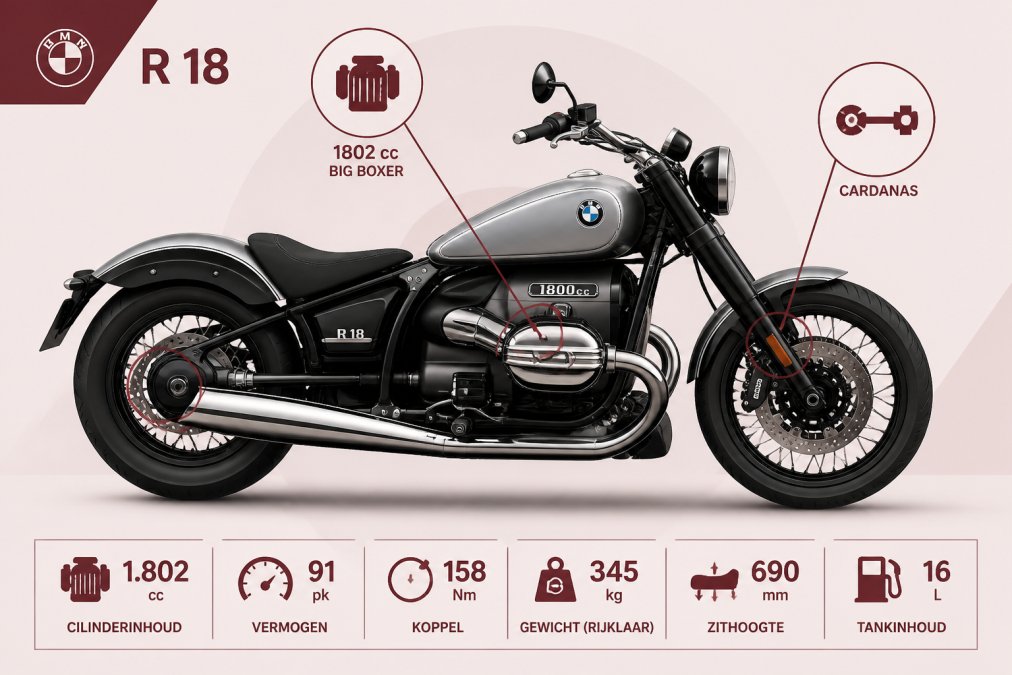 Zijkant BMW R 18 in klassieke zilver-zwart, focus op de imposante 1802cc Big Boxer motor en zichtbare cardanas in natuurlijk daglicht