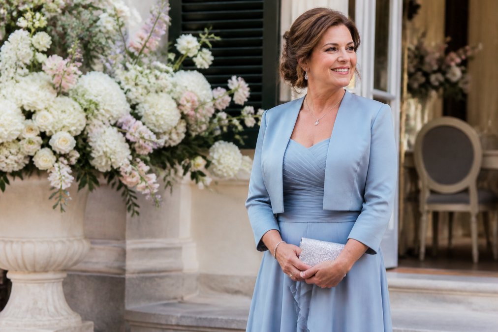 Elegante bruidsmoeder in een tweedelig ensemble met jurk en bijpassend jasje, staand in een feestelijke setting met bloemen op de achtergrond, natuurlijke verlichting