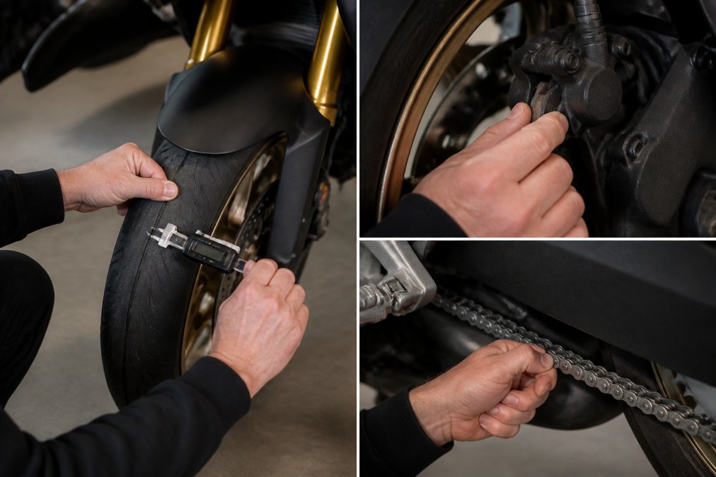 Monteur controleert banden, remblokken en ketting bij exclusieve motoren kopen voor een veilige aankoopkeuring.