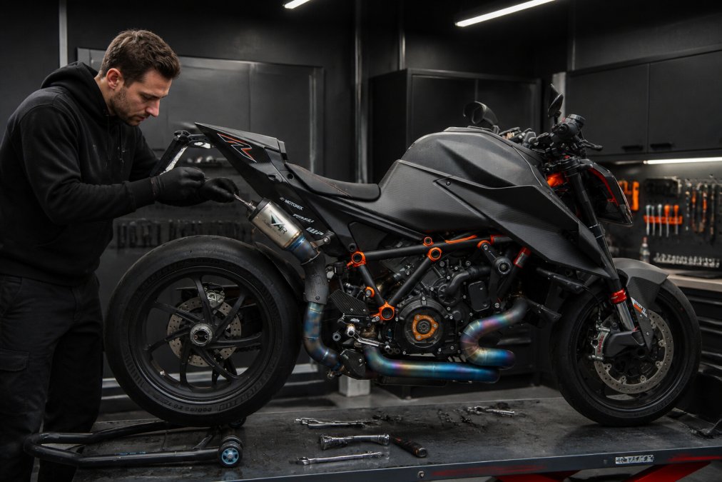 Monteur voert precisie-onderhoud uit aan high-end motorfiets met professioneel gereedschap in moderne werkplaats met LED-verlichting