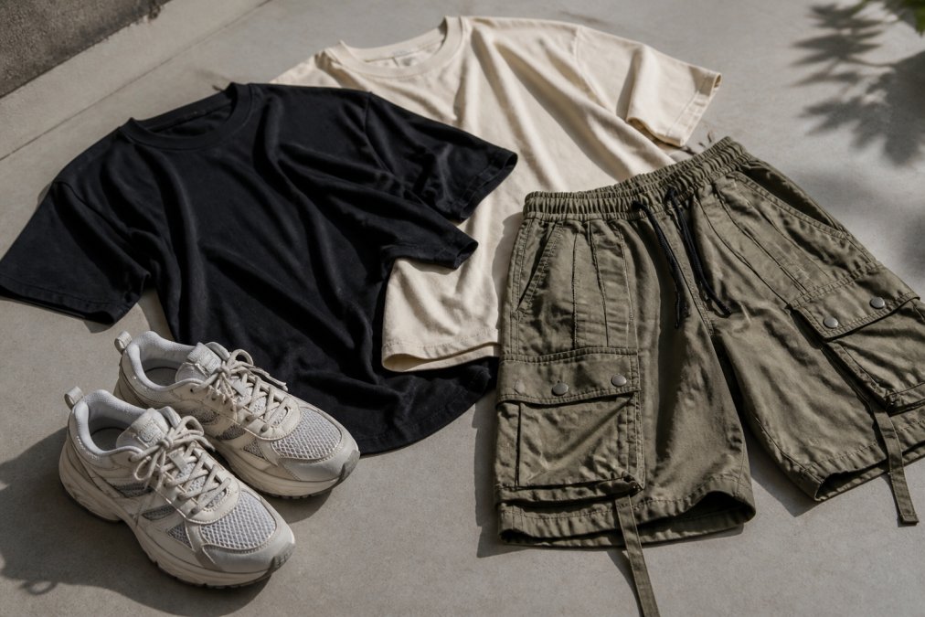 Close-up van verschillende premium streetwear items netjes gerangschikt: oversized t-shirts in zwart en crème, cargo shorts met details, premium sneakers, allemaal op neutrale ondergrond met natuurlijk licht