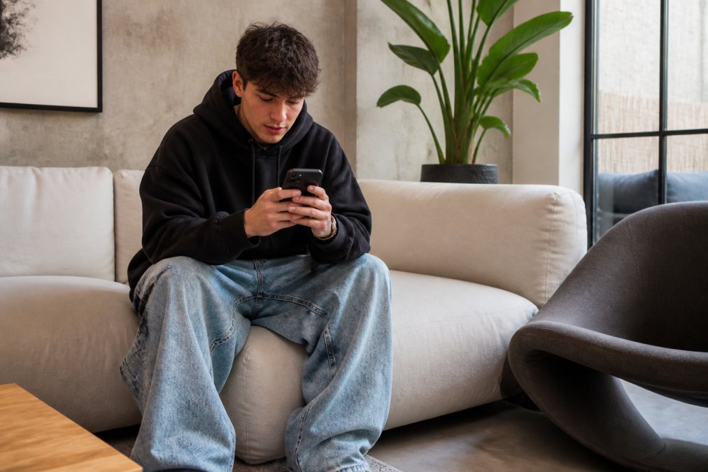 Persoon in oversized hoodie en baggy jeans die exclusieve streetwear online kopen vergelijkt op een smartphone in een