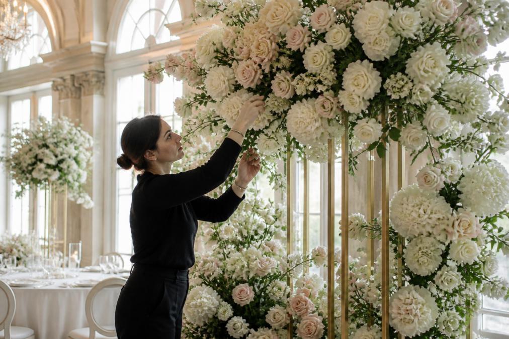 Floral designer arranging white and blush roses for a luxury wedding installation at a Montreal floral design studio