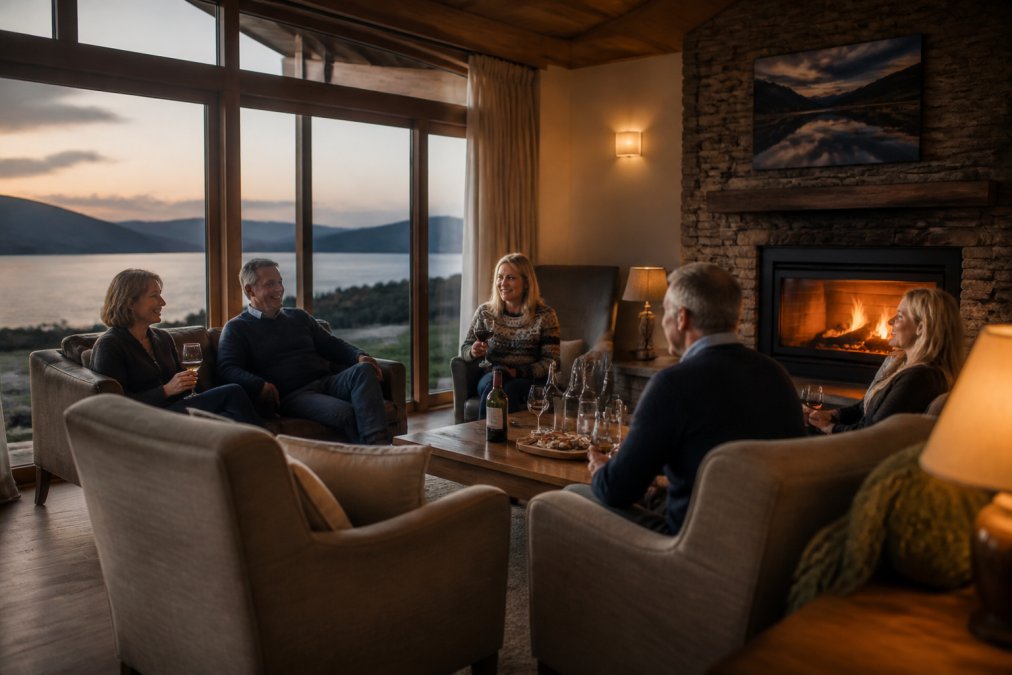 A group of guests relaxing in a luxury lodge lounge with loch views, enjoying drinks and conversation by a fireplace with warm ambient lighting