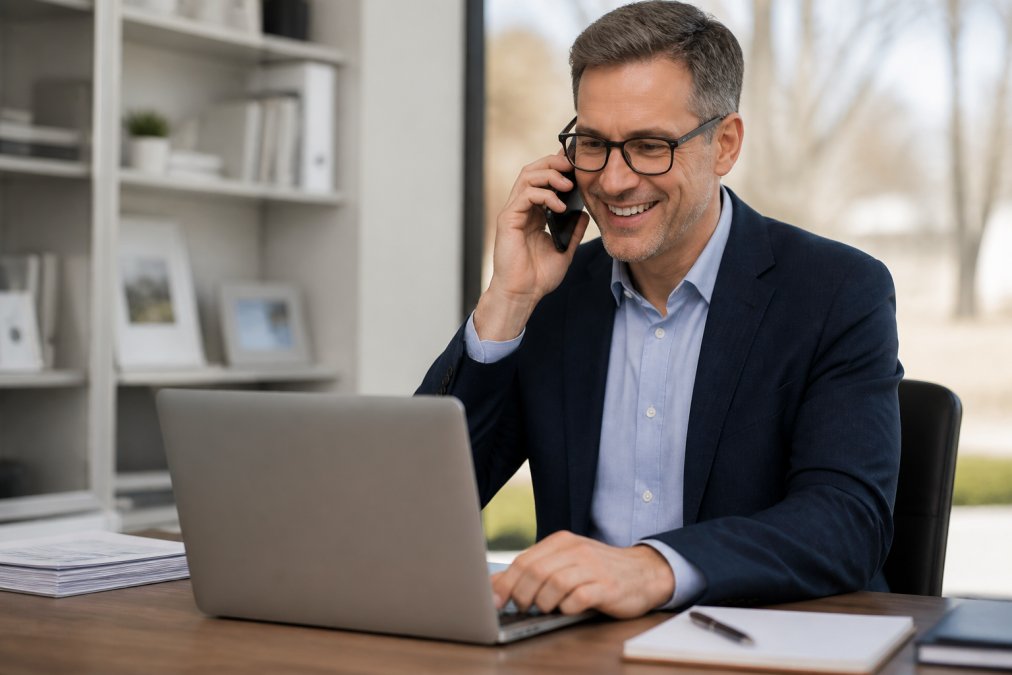 A confident financial advisor in business attire on a phone call at a clean desk, smiling while looking at a laptop screen displaying a list of client names