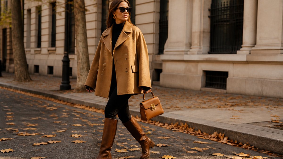 A stylish woman in her 30s walking through a city street wearing a camel jacket, supersized boots, and a structured handbag, autumn leaves on the ground, soft natural light, editorial streetstyle photography