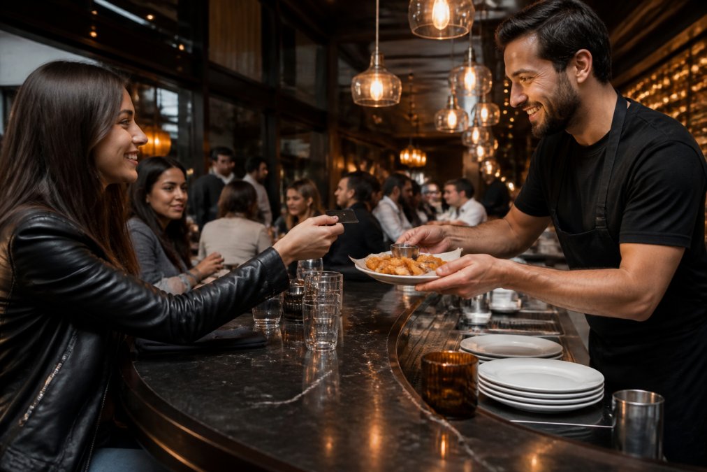 Regular customer smiling as they present their membership card to a server at a bustling restaurant counter, receiving a complimentary appetizer with genuine warmth and recognition