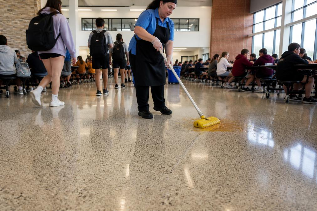 A busy school cafeteria with students and staff moving across a clean, durable floor surface during lunch service, showing how the flooring handles high-traffic wear resistance and food spill cleanup
