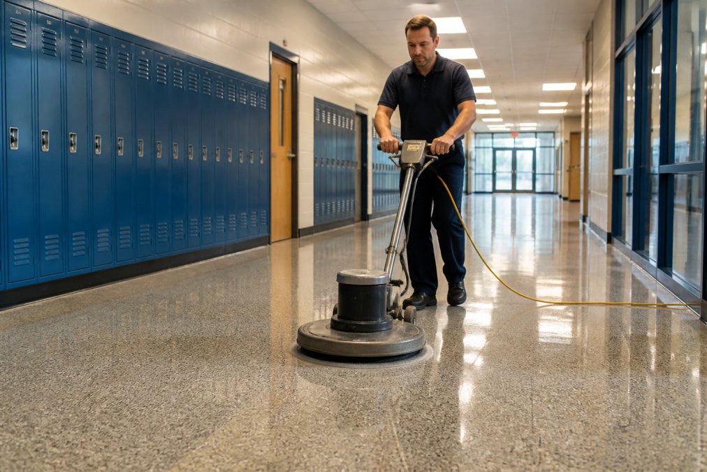 A facility manager in professional attire performing routine floor maintenance with appropriate cleaning equipment on a school floor, demonstrating proper care protocols and best practices in a well-lit facility