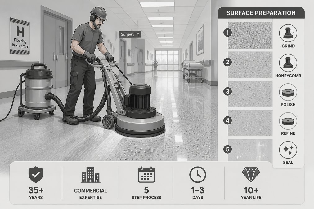 Professional terrazzo installer grinding and polishing a commercial floor with industrial equipment in a hospital corridor, showing detailed surface preparation work under bright overhead lighting
