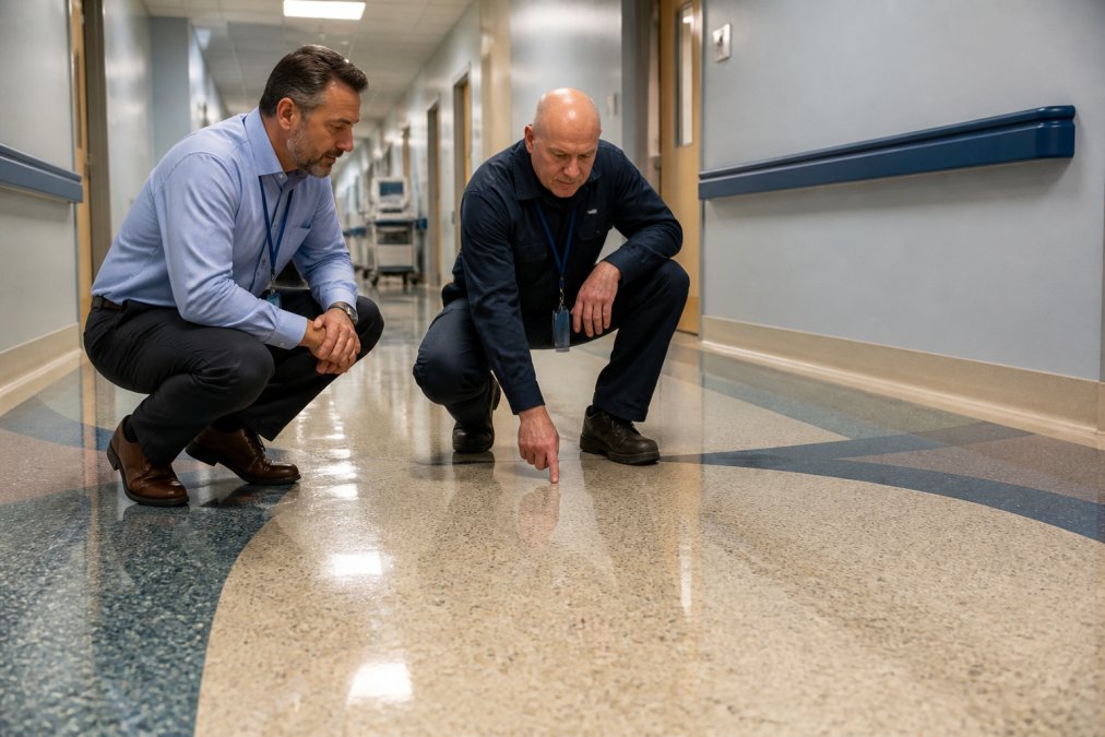 Commercial facility manager and maintenance technician inspecting and evaluating a polished terrazzo floor in a hospital corridor, with the technician pointing to areas requiring attention